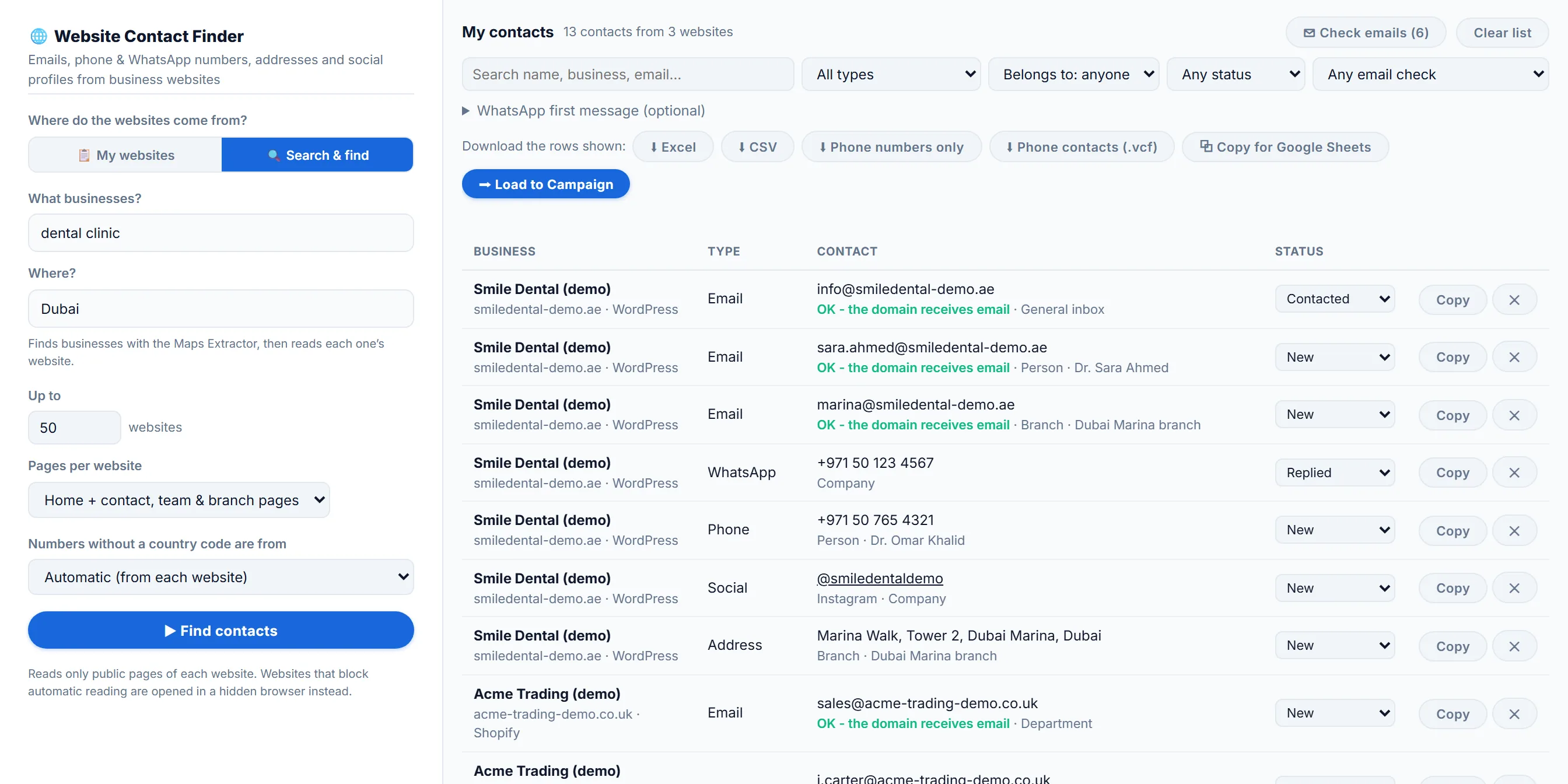 LeadTrapper Website Contact Finder with a search for dental clinic in Dubai, and My contacts listing emails, WhatsApp and phone numbers from three demo businesses, each labelled general inbox, team member or branch, with email check results, status and download buttons