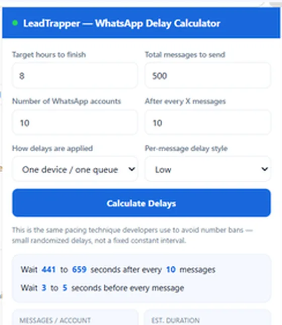 WhatsApp Delay Calculator extension with messages, accounts and hours entered and the calculated delays