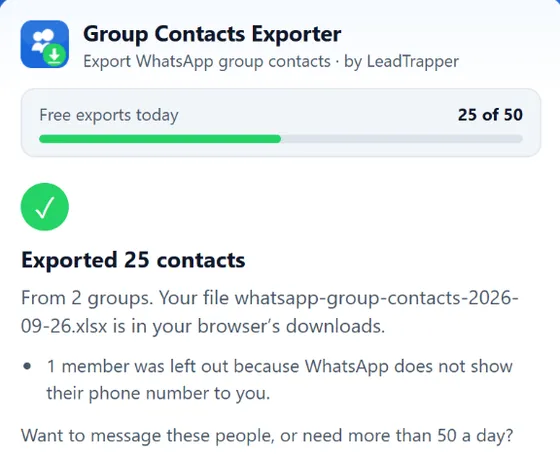 Group Contacts Extractor extension after exporting 25 contacts from 2 WhatsApp groups