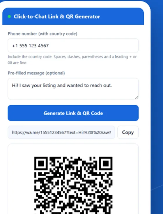 Click-to-Chat Link & QR Generator extension: phone number and message fields, the generated link and a QR code