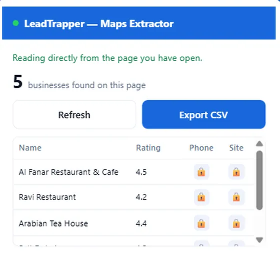 Maps Lead Extractor extension listing businesses from a Google Maps search with ratings and an Export CSV button