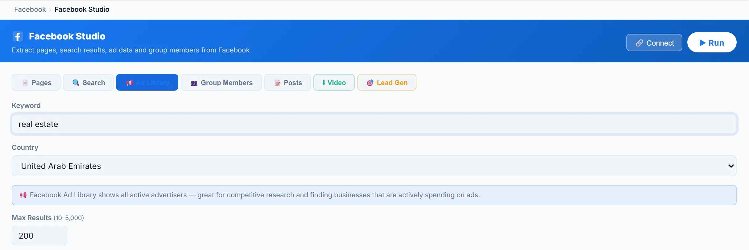 LeadTrapper Facebook Studio on the Ad Library tab: keyword real estate, country United Arab Emirates and up to 200 results, with tabs for Pages, Search, Group Members, Posts, Video and Lead Gen