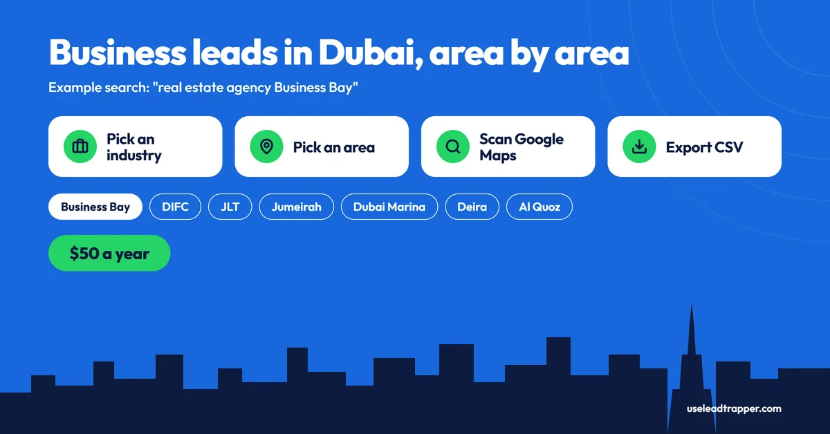 Business leads in Dubai, area by area: pick an industry, pick an area, scan Google Maps and export CSV, with example areas Business Bay, DIFC, JLT, Jumeirah, Dubai Marina, Deira and Al Quoz