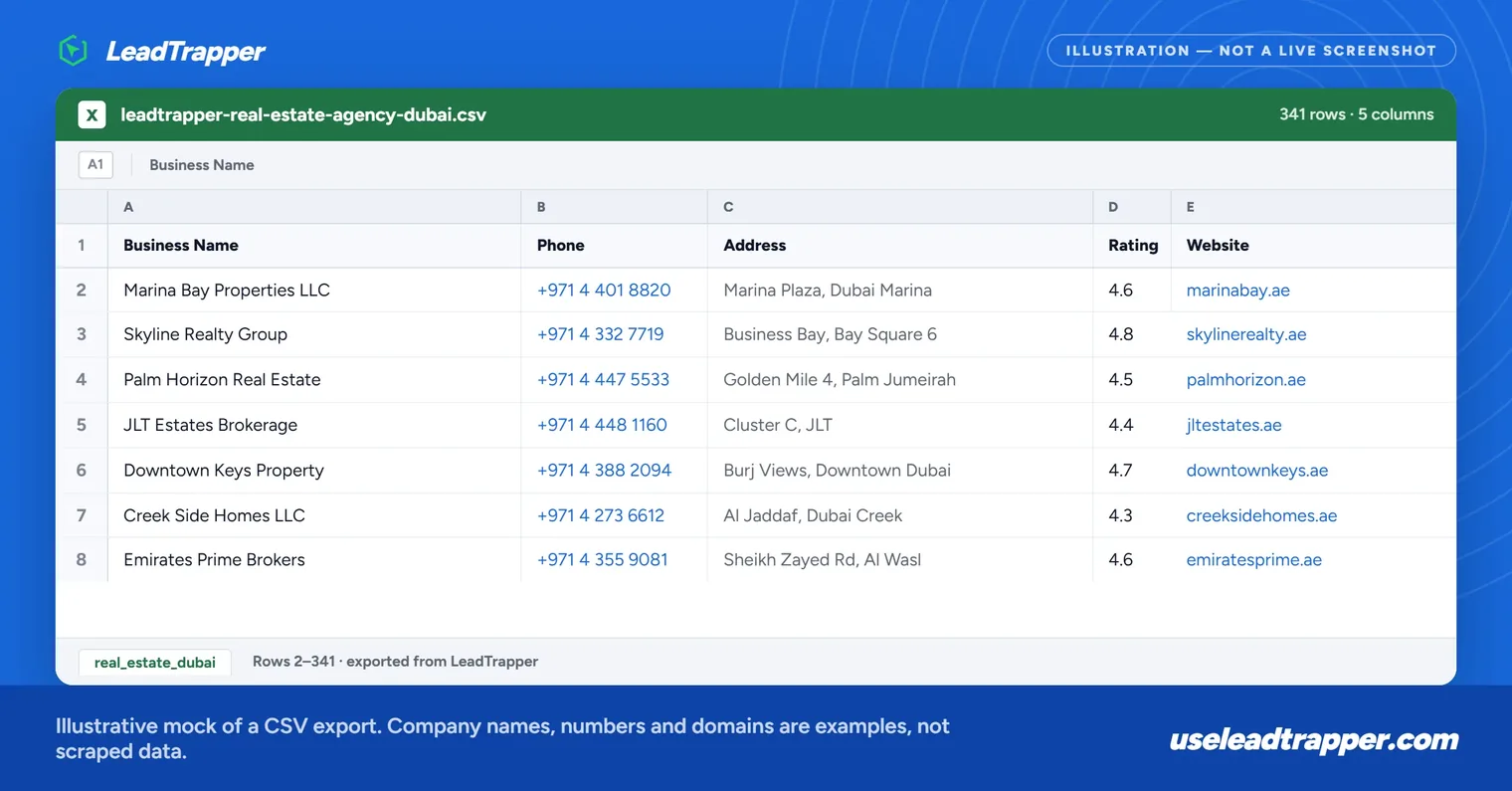 b2b lead generation list csv export mock-up showing business name phone number address rating and website columns, illustrative example data