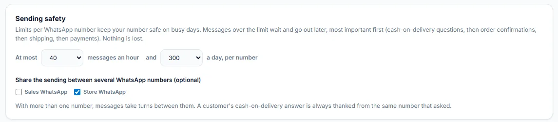 Sending safety settings in LeadTrapper Store Orders: at most 40 messages an hour and 300 a day per number, and an option to share sending between several WhatsApp numbers