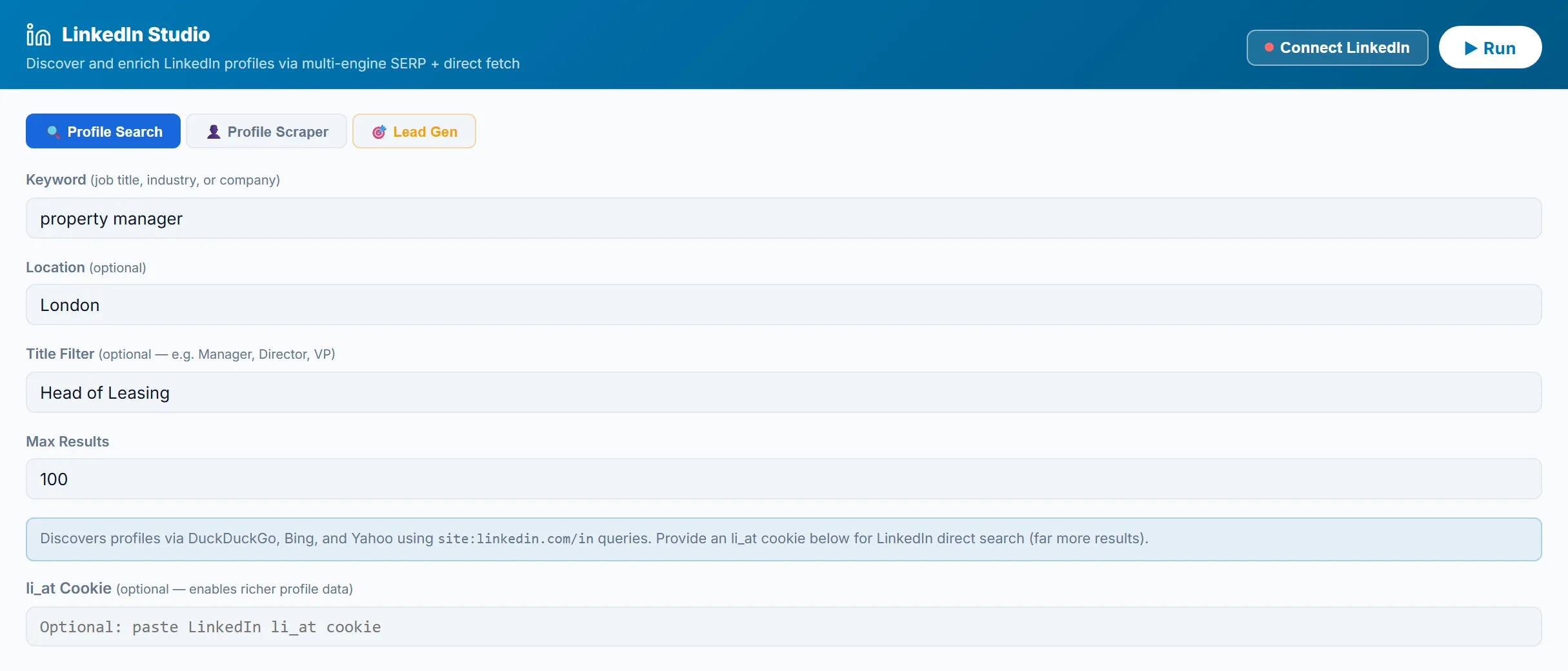 LeadTrapper LinkedIn Studio on the Profile Search tab with keyword property manager, location London, title filter Head of Leasing and Max Results 100, a note that profiles are discovered through DuckDuckGo, Bing and Yahoo, and an optional li_at cookie field