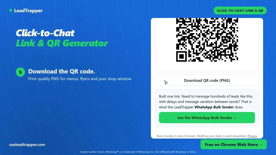 Video frame: the Click-to-Chat Link & QR Generator Chrome extension showing a WhatsApp QR code and its Download QR code (PNG) button