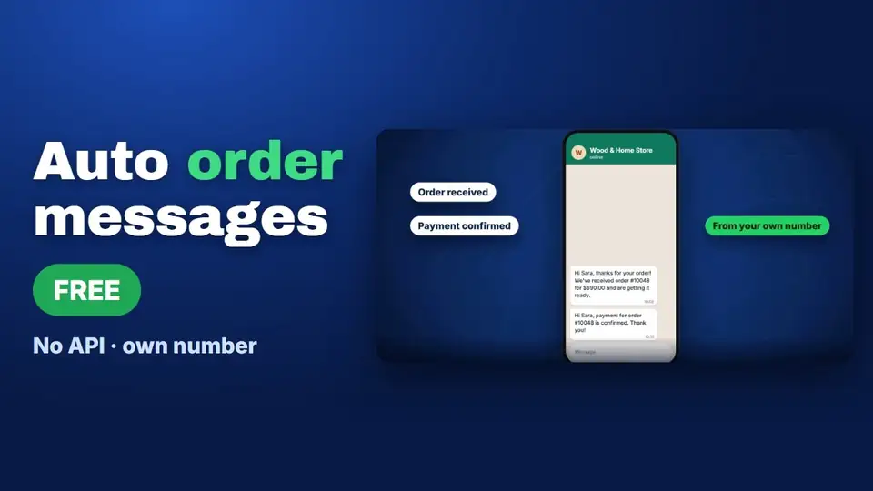 Video thumbnail: Auto order messages, free, no API, own number, showing a phone with Order received and Payment confirmed WhatsApp messages from a store