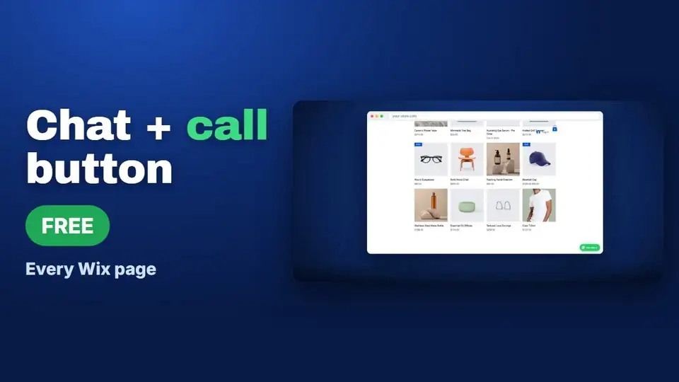 Video thumbnail: Chat + call button, free, every Wix page, showing a Wix store product grid with the floating WhatsApp button in the corner
