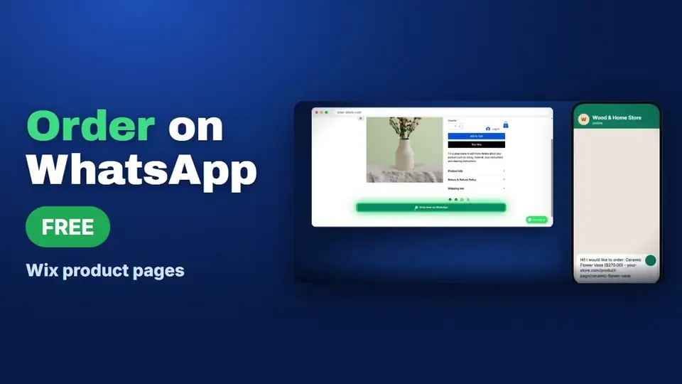 Video thumbnail: Order on WhatsApp, free, Wix product pages, showing a Wix product page for a flower vase with the green order button and a phone with the order message