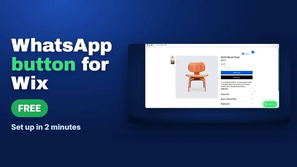 Video thumbnail: WhatsApp button for Wix, free, set up in 2 minutes, showing a Wix product page with the floating WhatsApp button in the corner