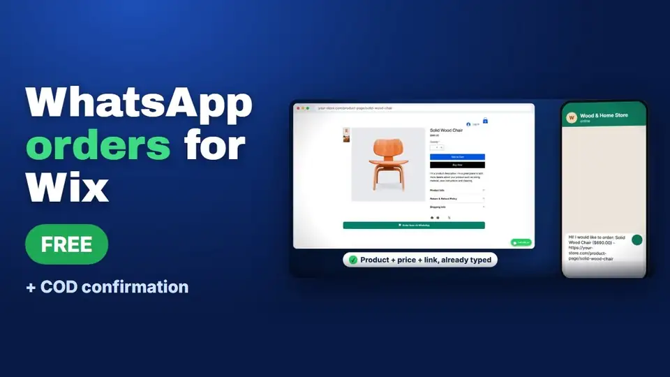 Video thumbnail: WhatsApp orders for Wix, free, plus COD confirmation, showing a Wix product page for a wood chair and a phone with the WhatsApp order message already typed