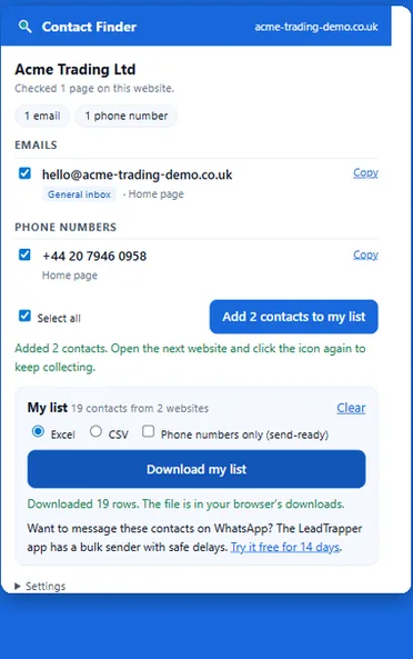 Contact Finder popup on a demo company website: one email and one phone number added, then a list of 19 contacts from 2 websites with Excel, CSV and phone-numbers-only download options