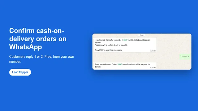 A real WhatsApp cash-on-delivery confirmation: the order question, the customer's reply 1 and the thank-you message, sent free from the store's own number