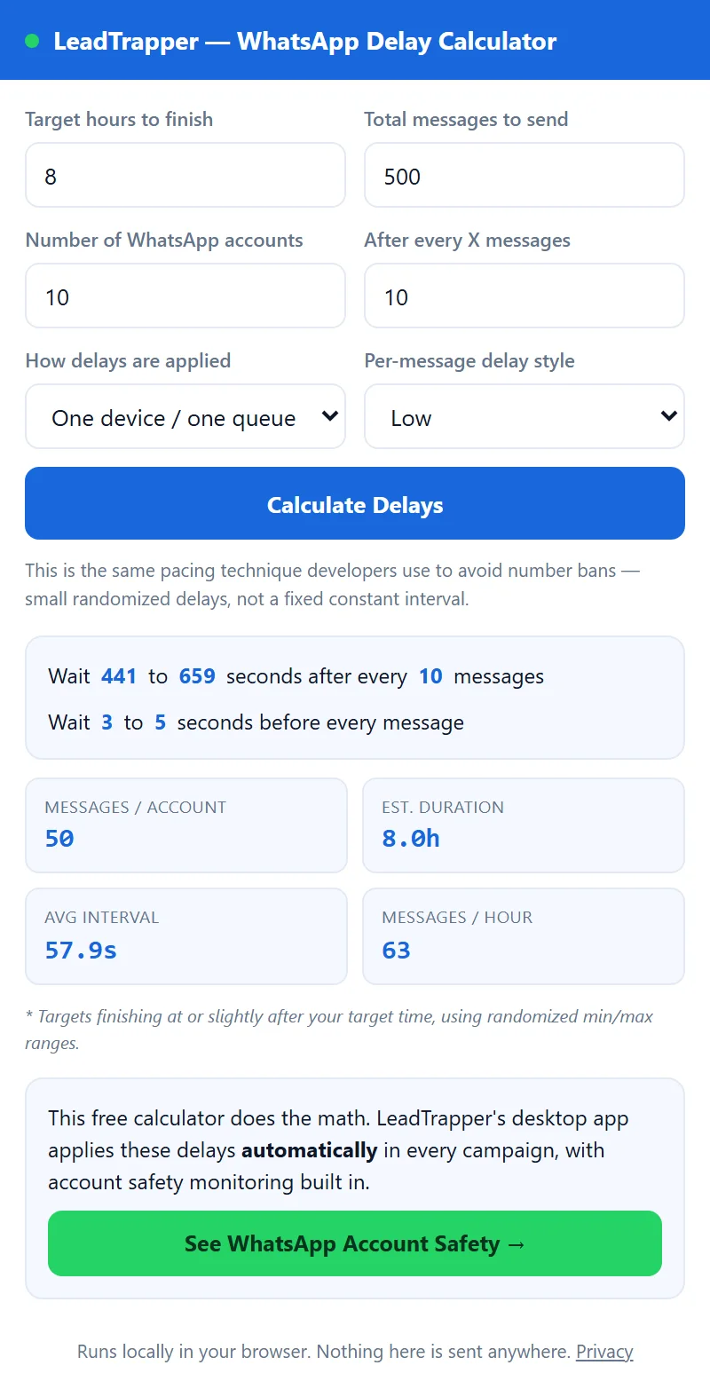 WhatsApp Delay Calculator extension results for 500 messages over 8 hours: 3 to 5 seconds before every message and 441 to 659 seconds after every 10 messages