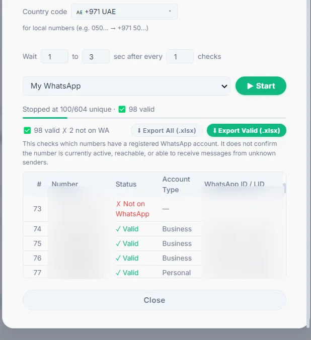 WhatsApp number filter results ready to export, showing valid and invalid numbers with Export All and Export Valid buttons