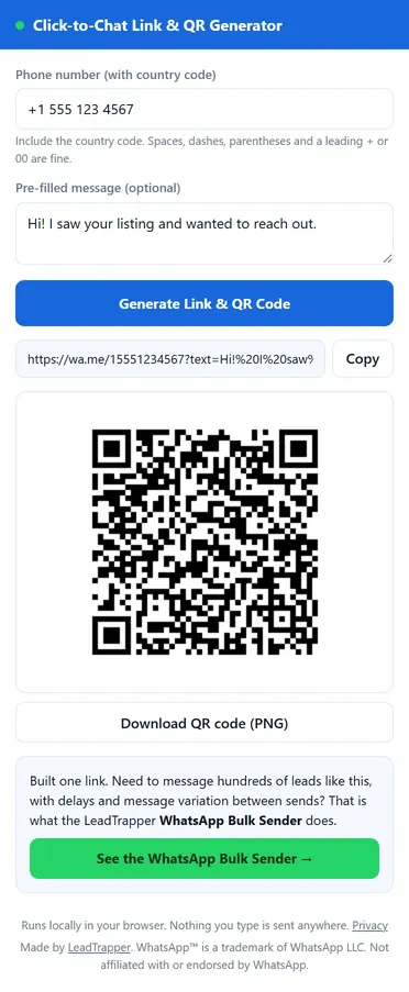 Click-to-Chat Link and QR Generator Chrome extension after pressing Generate, showing the wa.me link, Copy button and QR code