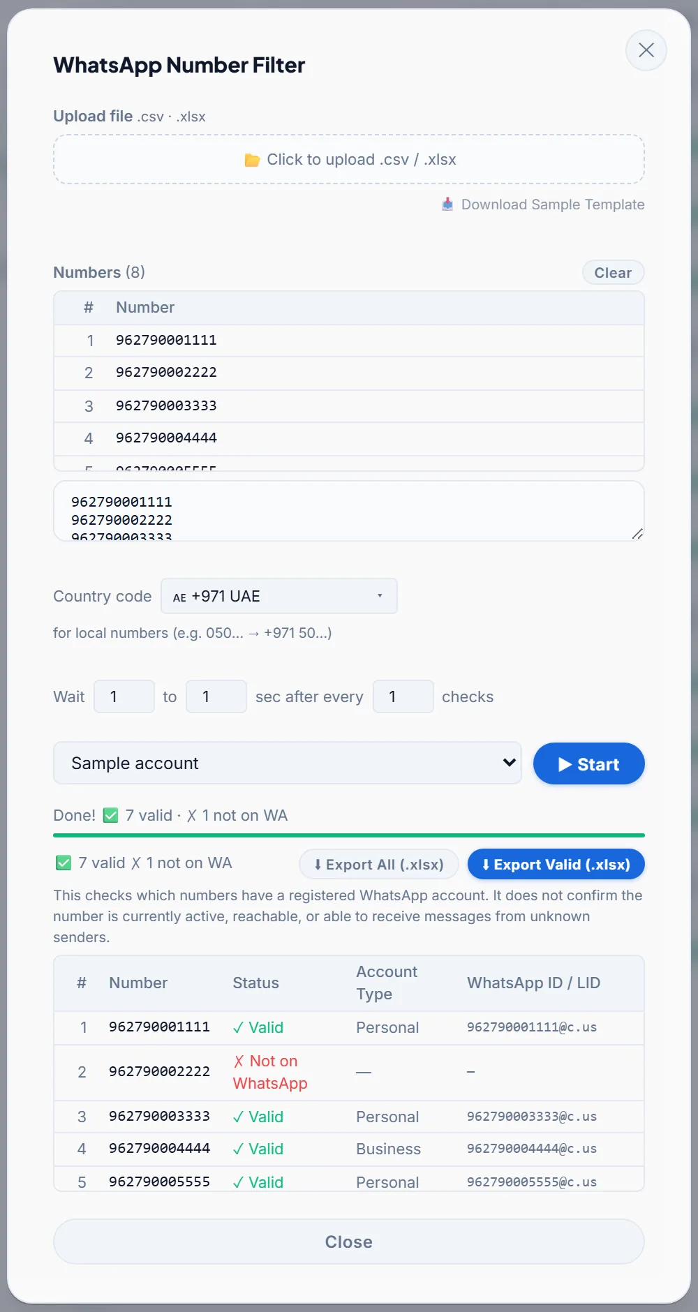 LeadTrapper WhatsApp Number Filter after checking 8 sample numbers: 7 valid and 1 not on WhatsApp, with account type Personal or Business, a +971 UAE country code setting and Export All or Export Valid buttons