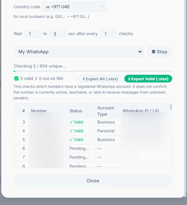 WhatsApp number filter checking numbers live with a progress bar and running valid count
