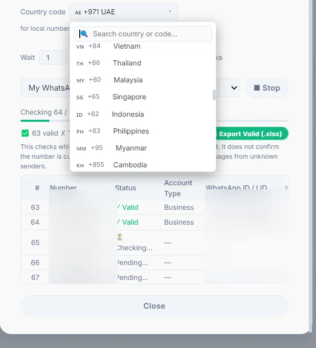 WhatsApp number filter country code dropdown showing Vietnam Thailand Malaysia Singapore Indonesia Philippines Myanmar and Cambodia