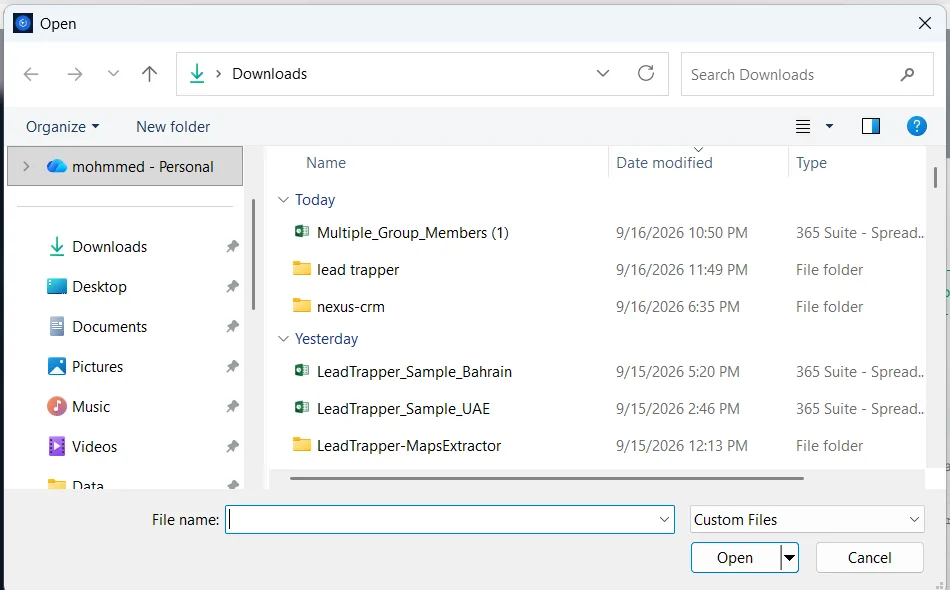 Windows file picker selecting a CSV or Excel file to bulk verify WhatsApp numbers in LeadTrapper