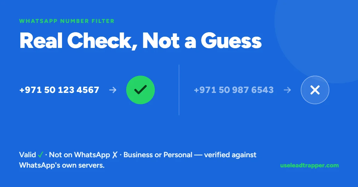 WhatsApp number filter checks a number as valid or not on WhatsApp, business or personal, verified against WhatsApp's own servers