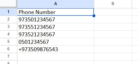 Sample phone number template spreadsheet for LeadTrapper's WhatsApp number filter with example numbers in the expected format