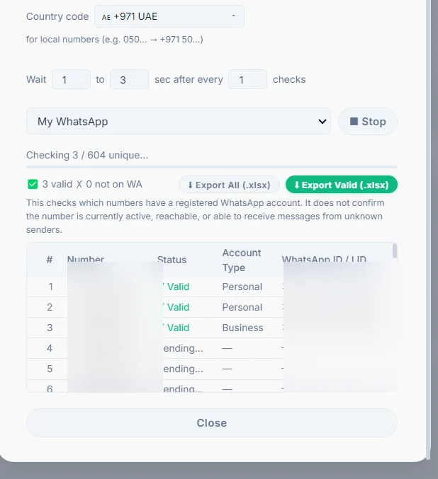 WhatsApp number filter results after automatic deduplication showing verified Valid numbers with WhatsApp ID