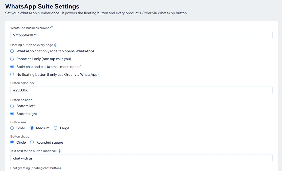 WhatsApp Order & Chat Button by LeadTrapper settings in the Wix dashboard: WhatsApp business number, floating button options, colour, position, greeting and order button text