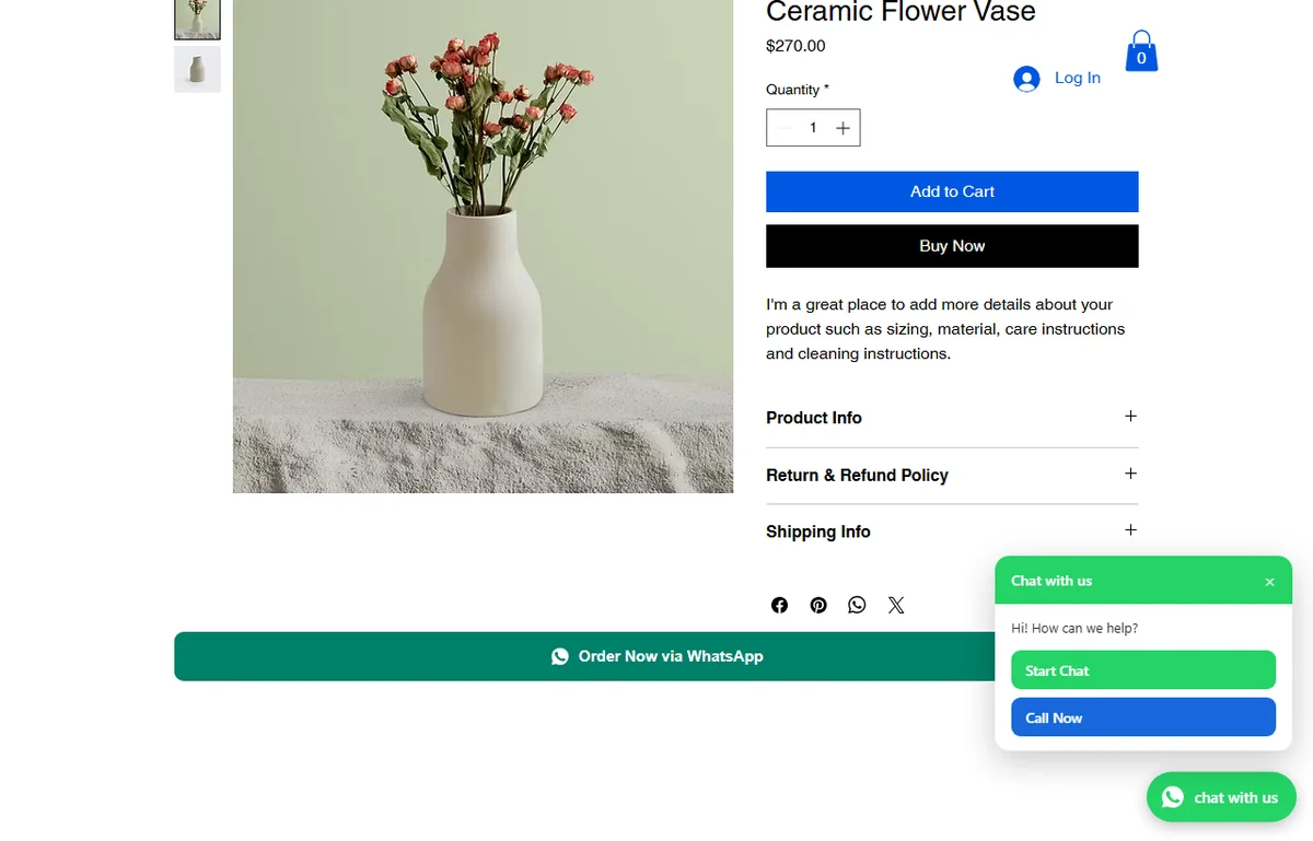 Floating WhatsApp button opened on a Wix store, showing Start Chat and Call Now