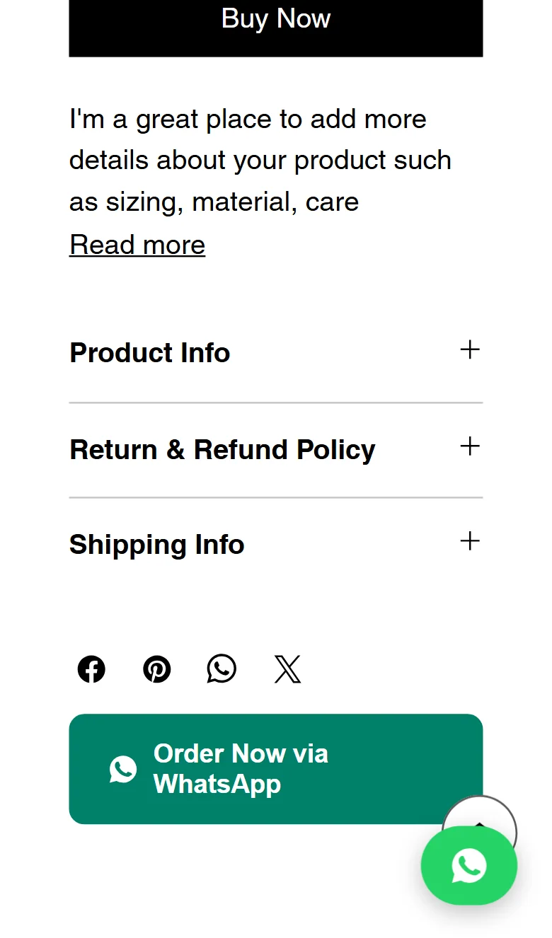 Wix store on an iPhone: the Order Now via WhatsApp button lined up under Buy Now, with the floating WhatsApp button in the corner