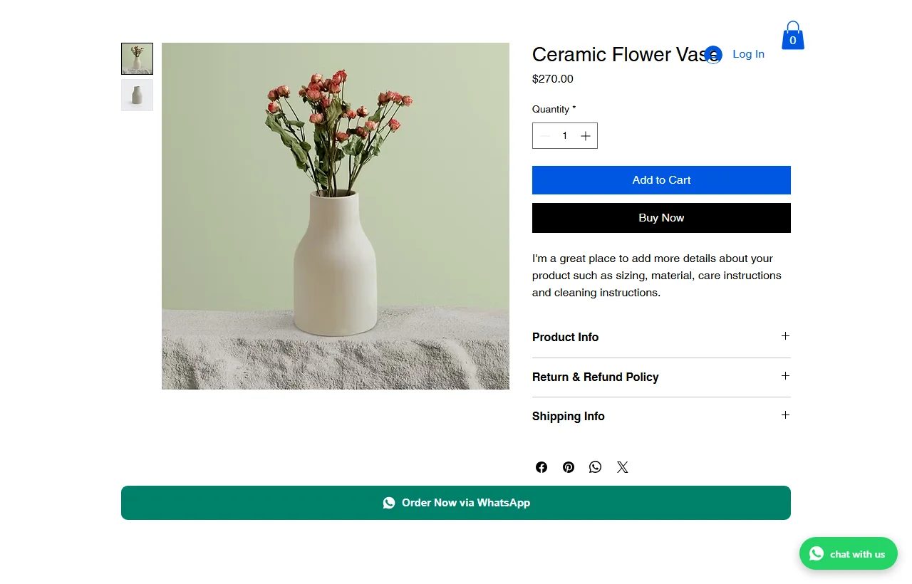 Wix product page for a ceramic flower vase with Add to Cart, Buy Now, the Order Now via WhatsApp button and a floating chat with us button