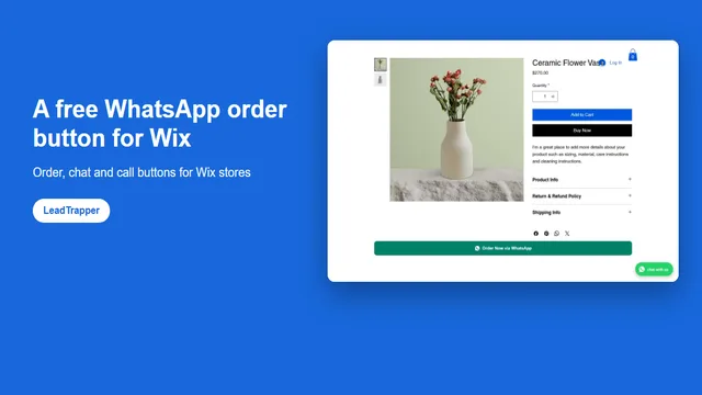 Wix product page with the free Order Now via WhatsApp button under Add to Cart and a floating chat with us button, from the WhatsApp Order & Chat Button app by LeadTrapper