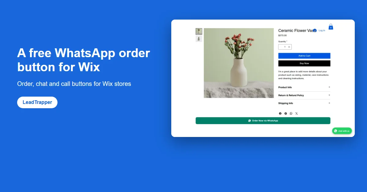 Wix product page with the free Order Now via WhatsApp button under Add to Cart and a floating chat with us button, from the WhatsApp Order & Chat Button app by LeadTrapper